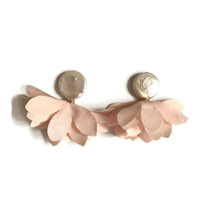 Peach petal floral statement pearl tassel earring