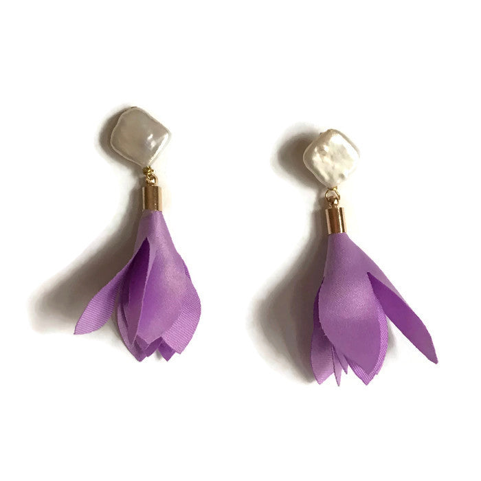 Lavender lilac purple floral flower chiffon tassel pearl statement earring