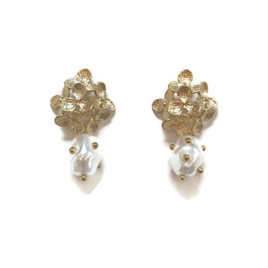Gold Hydrangea and Pearl Earrings