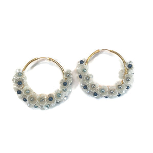 blue and white mother of pearl gold hoop earrings